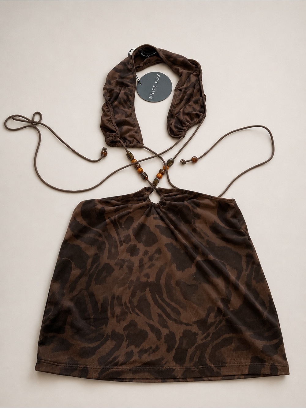 White Fox Boutique Snap Out Of It Printed Mesh Mini Dress in Espresso